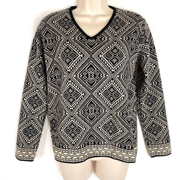 Weekend Max Mara Geometric Wool Sweater Black Cream V Neck Luxury Classic S - Picture 2 of 7